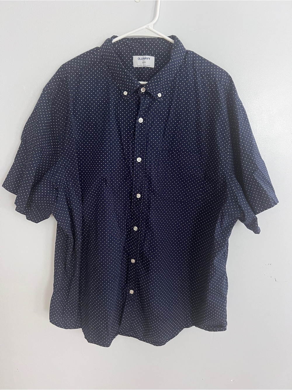Old Navy Men's Navy Blue Short-Sleeve Button-Down with White Polka Dots